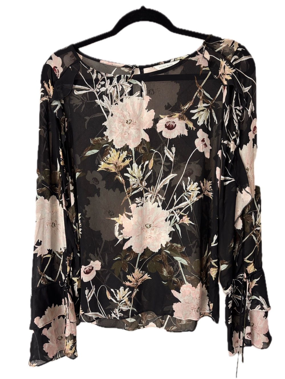 Lucky Brand Black Floral Sheer Long-Sleeve Blouse